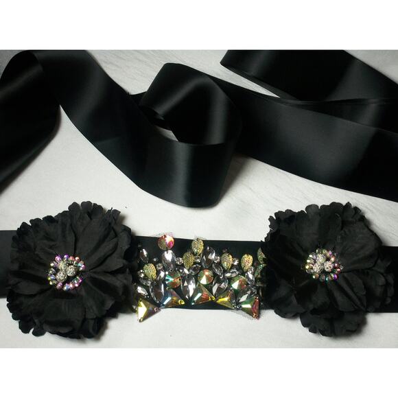 AB Rhinestone Floral Black Satin Belt Sash Prom Party Formal Bridal Goth Belt - Picture 2 of 5